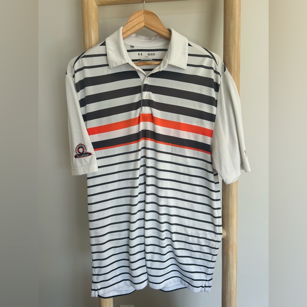 Under Armour Men’s White Polo with Black Stripes and Orange Accent Medium